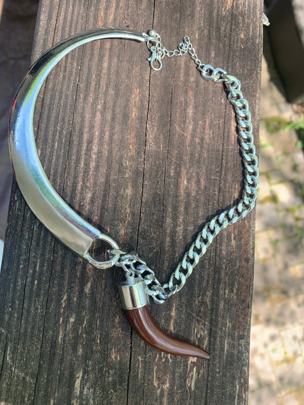 NWOT Zara Silver Chain Necklace with Brown Horn Pendant
